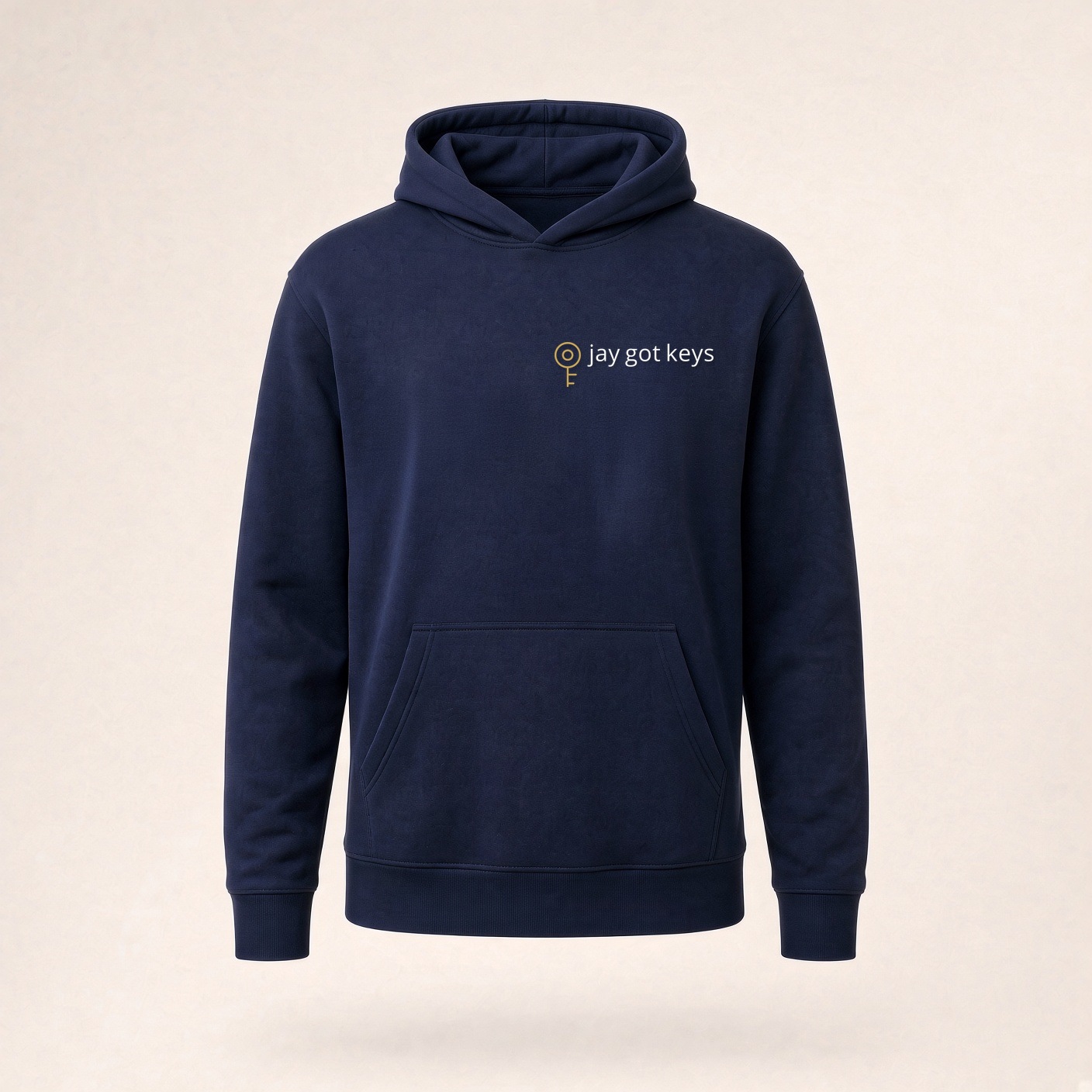 Navy hoodie with jay got keys lockup on the left chest