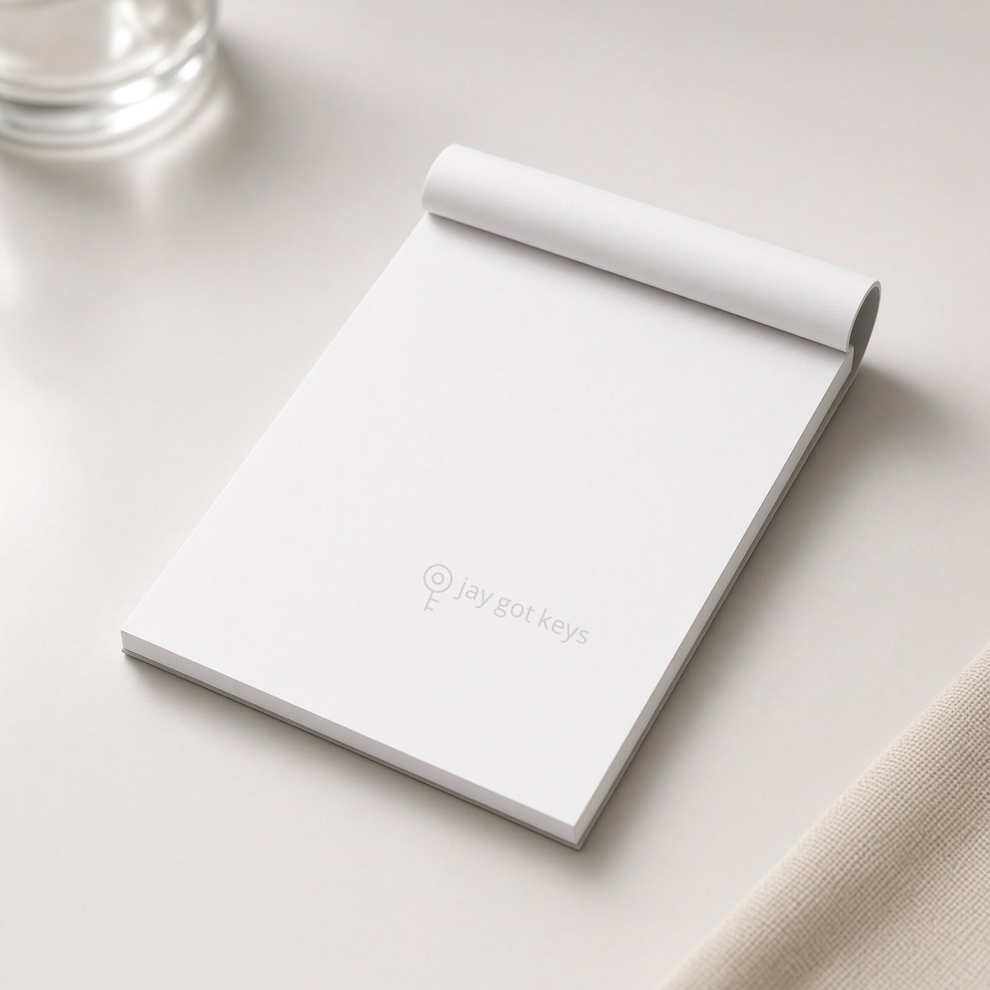 White notepad with jay got keys logo on the bottom right